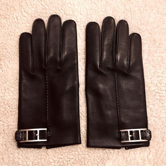 Hermes Black Leather Touch Screen Gloves - Picture 1 of 4